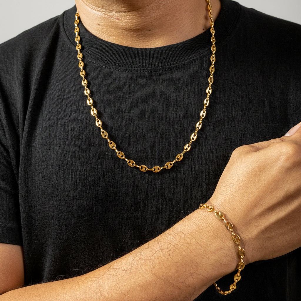Combo Cadena y Pulsera Grano Café Oro Laminado 18K