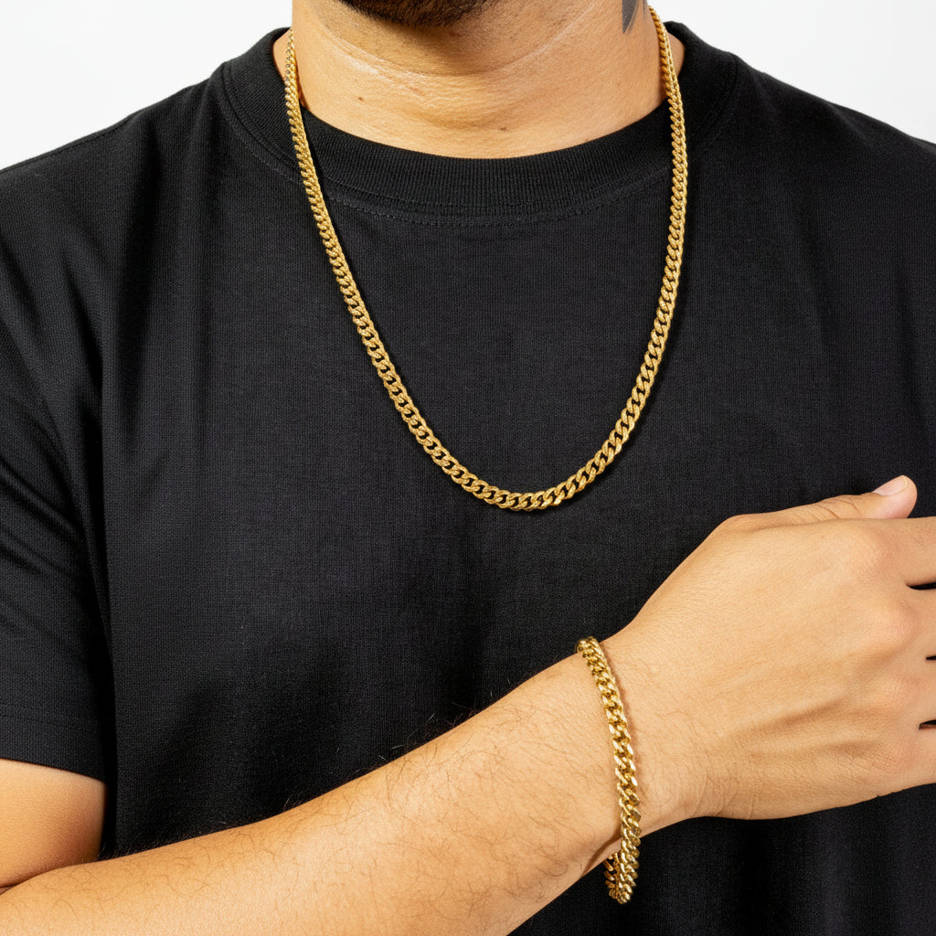 Combo Cadena y Pulsera Cubana Oro Laminado 18K