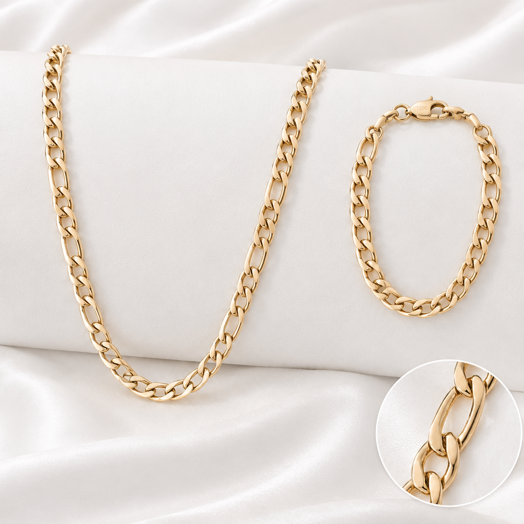 Conjunto de cadena y pulsera sobre soporte blanco con acercamiento circular