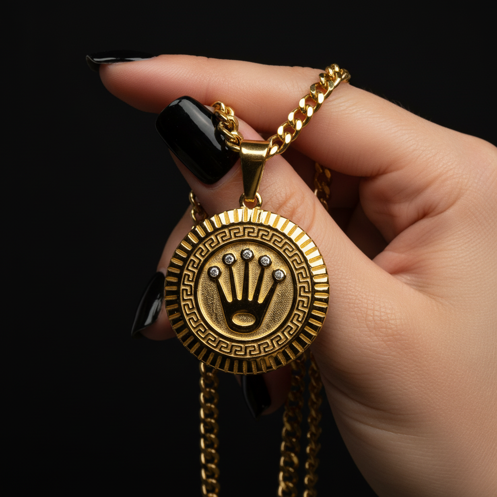 Dije Corona con cadena cubana sostenido por mano elegante
