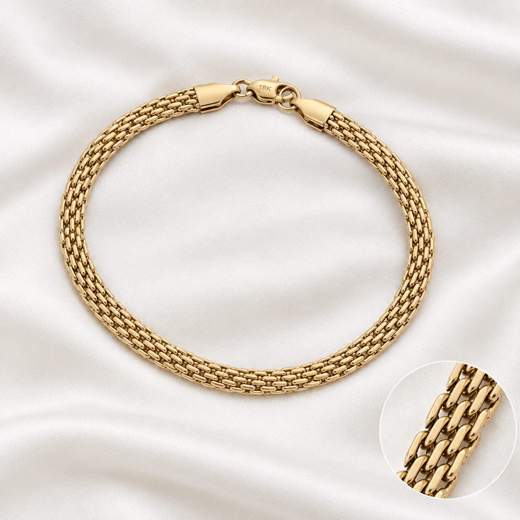 Pulsera con tejido y brillo de la referencia, sobre satén blanco